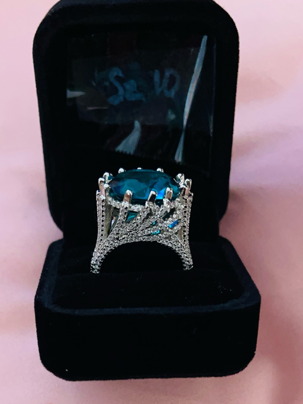S925 Sterile Silver Exaggerated Ring with Teal Blue Center Stone